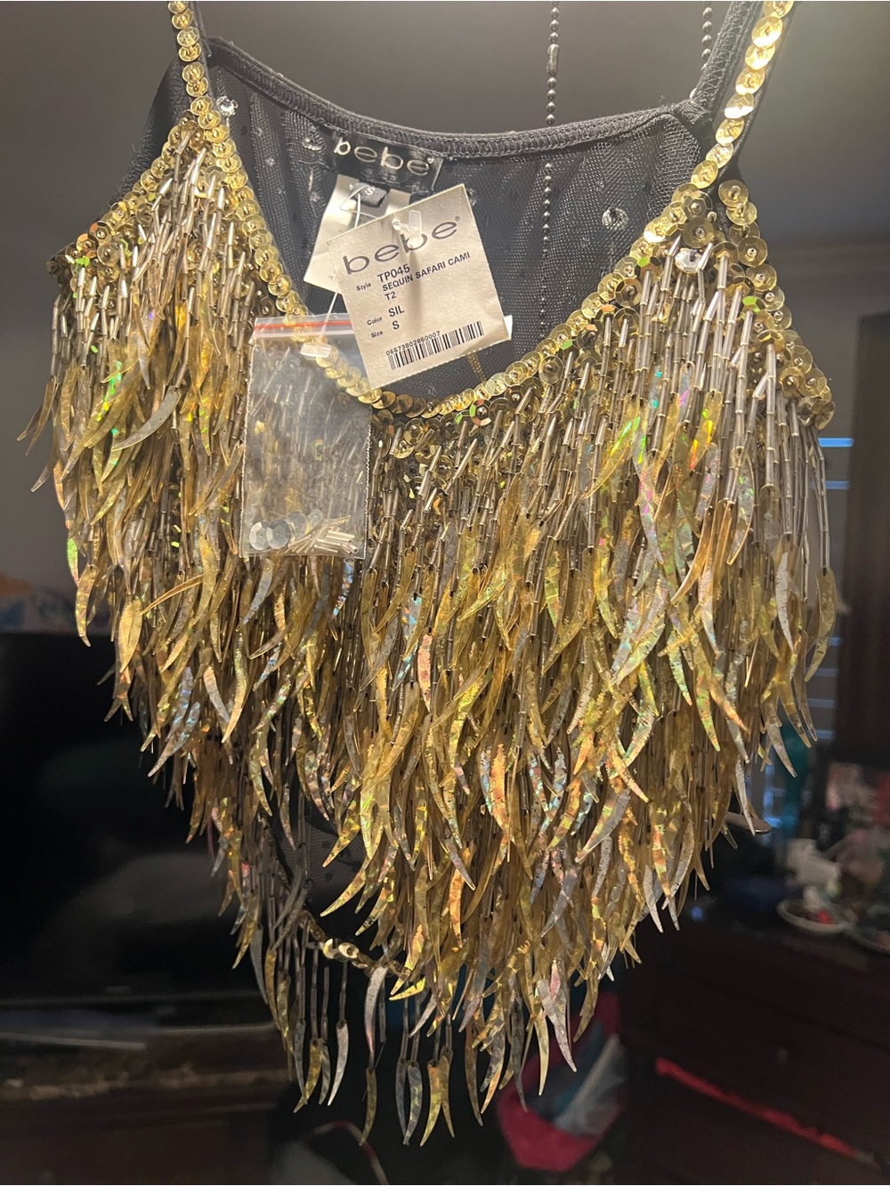 bebe VINTAGE Gold/Silver Holographic Sequin Fringe Crop Top NEVER WORN!! - Picture 4 of 10